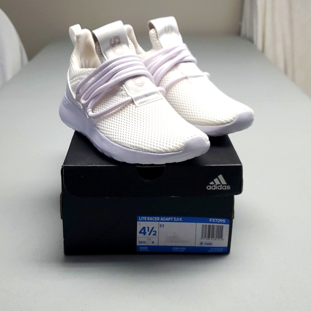 Adidas Cloudfoam, big kids 4-1/2 slip on (toe to heel 8.9"), white.